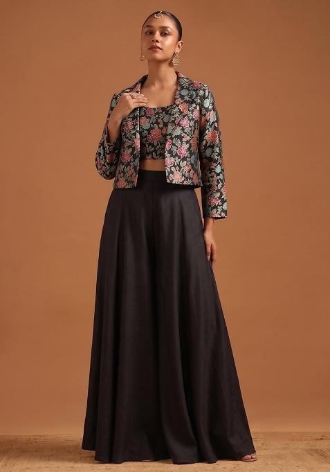 Black Silk Blend Floral Print Fusion Set
