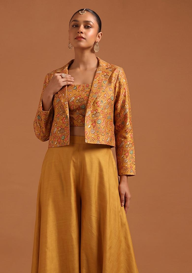 Bright Orange Silk Blend Floral Print Fusion Set - Indya