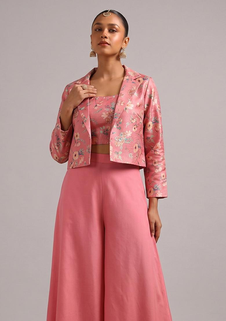 Rose Pink Printed Silk Fusion Set - Indya