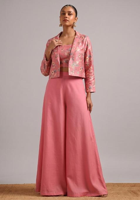 Rose Pink Silk Blend Floral Print Fusion Set