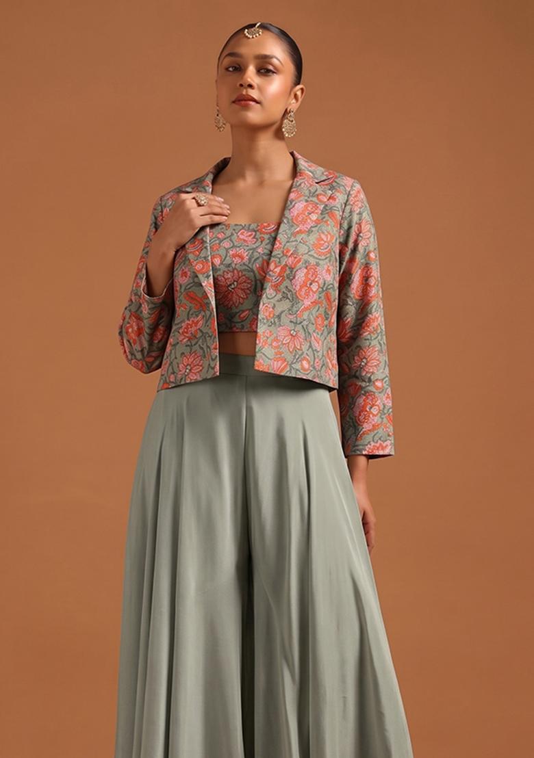 Sage Green Printed Silk Fusion Set - Indya