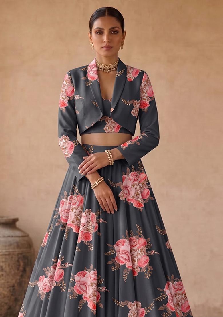 Charcoal Grey Printed Satin Fusion Set - Indya
