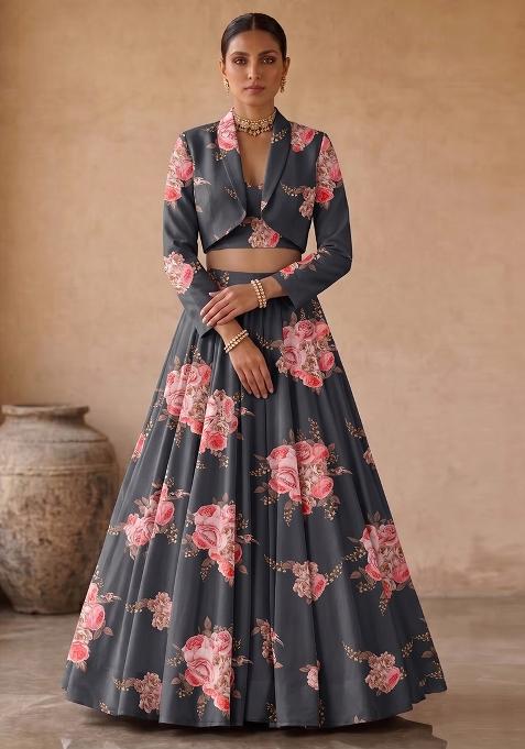 Charcoal Grey Silk Blend Floral Print Fusion Set