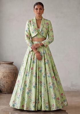 Mint Green Printed Silk Fusion Set