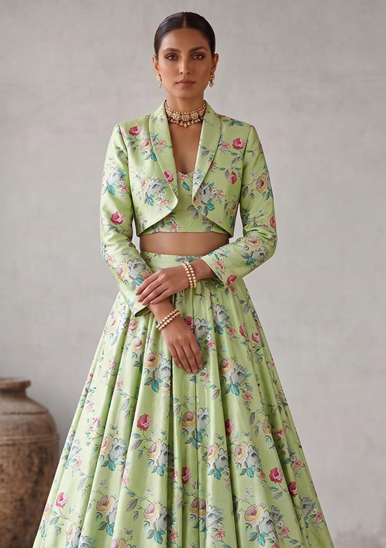 Mint Green Printed Silk Fusion Set - Indya