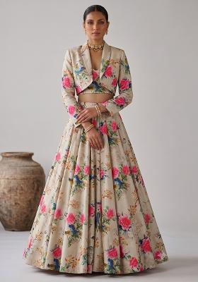 Beige Printed Silk Fusion Set