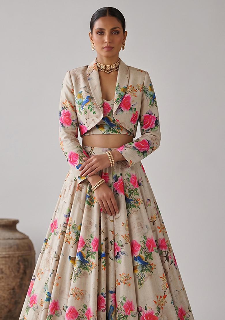Beige Printed Silk Fusion Set - Indya