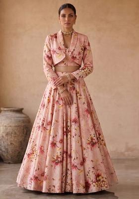 Blush Pink Cotton Silk Floral Print Fusion Set
