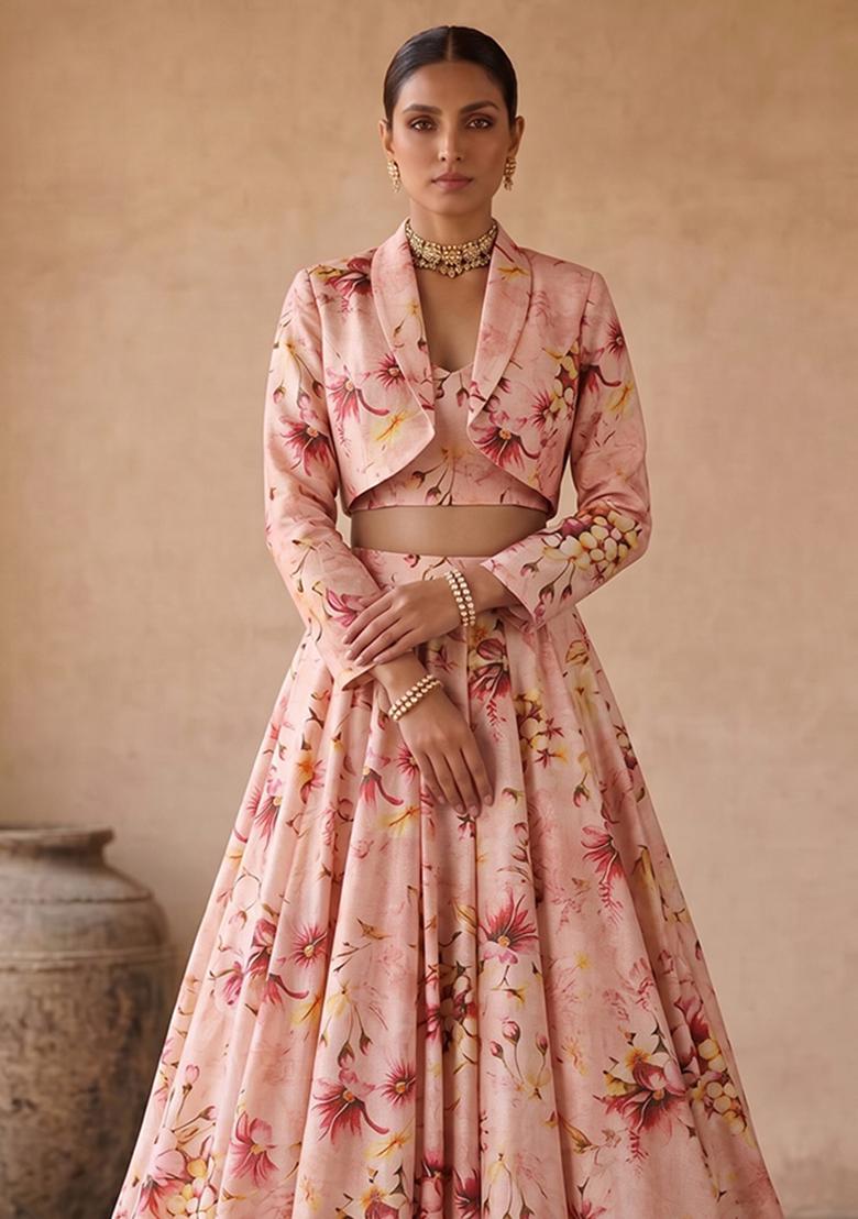Blush Pink Cotton Silk Floral Print Fusion Set - Indya