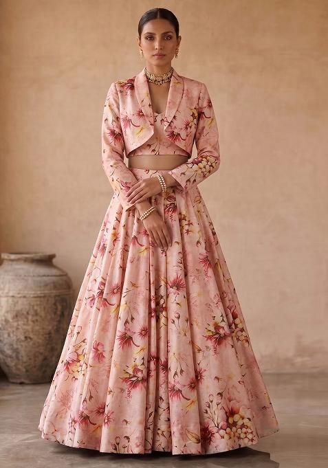 Beige Cotton Silk Floral Print Fusion Set