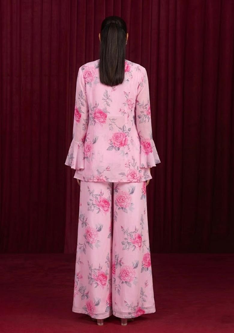 Baby Pink Printed Georgette Fusion Set - Indya