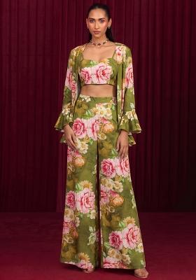 Olive Green Printed Georgette Fusion Set