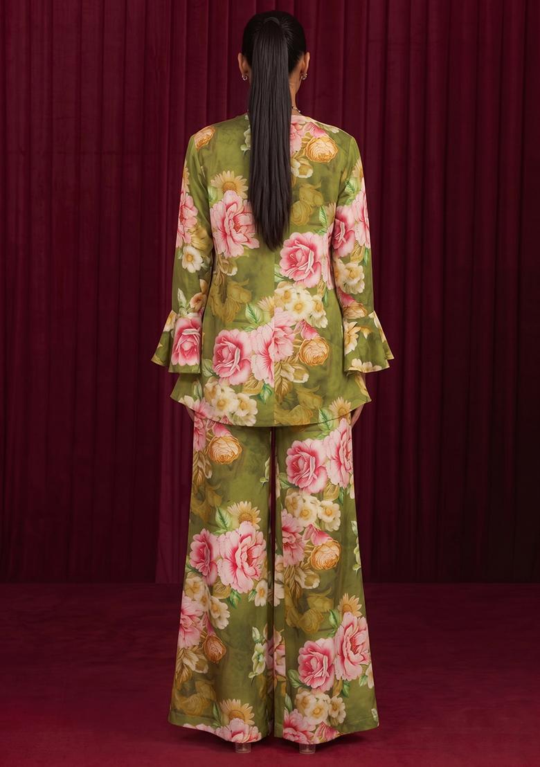 Olive Green Printed Georgette Fusion Set - Indya