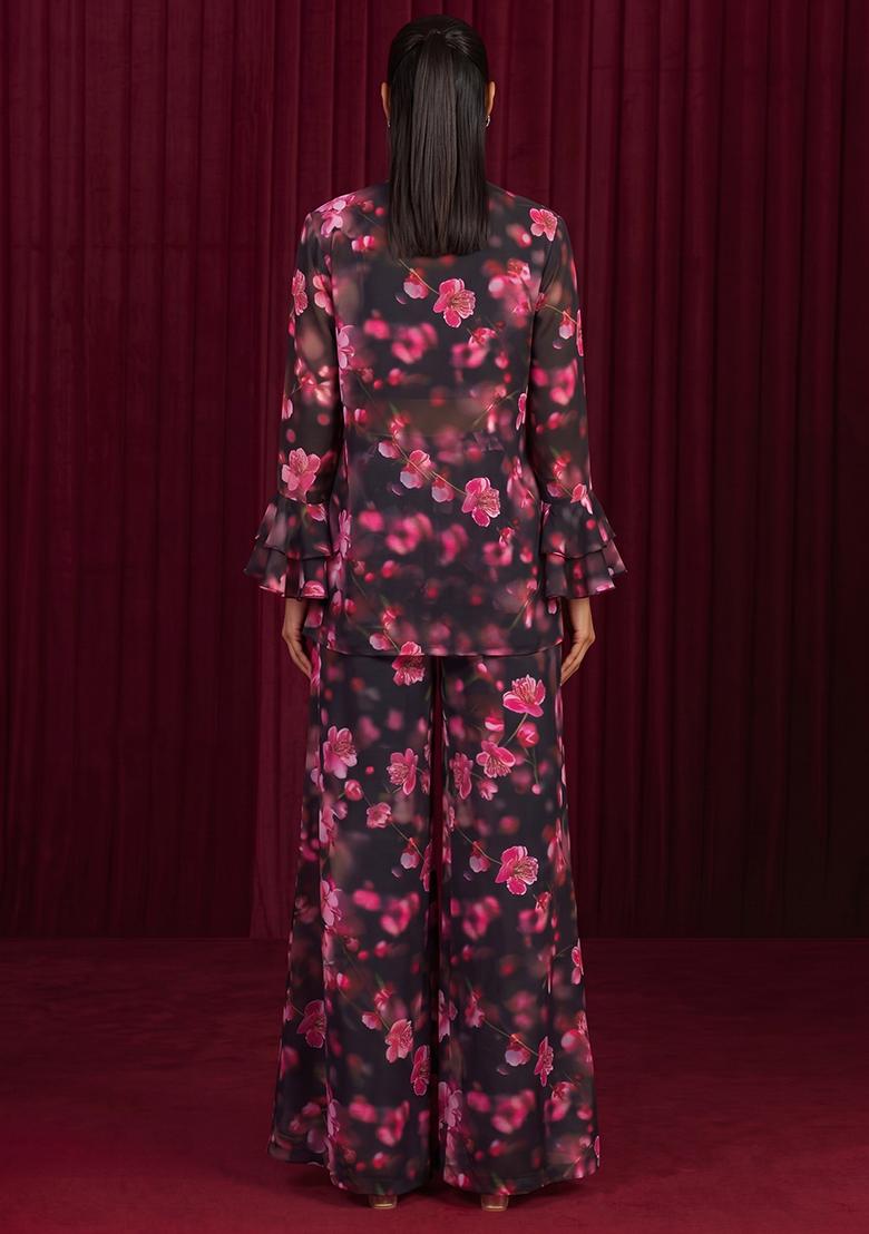 Black Printed Georgette Fusion Set - Indya
