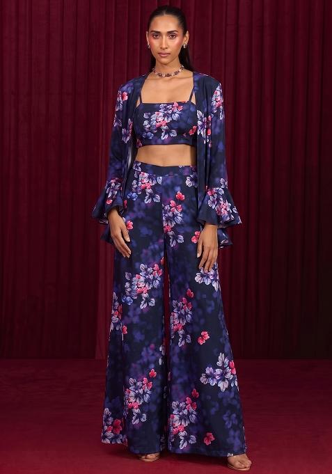 Navy Blue Crepe Floral Print Fusion Set