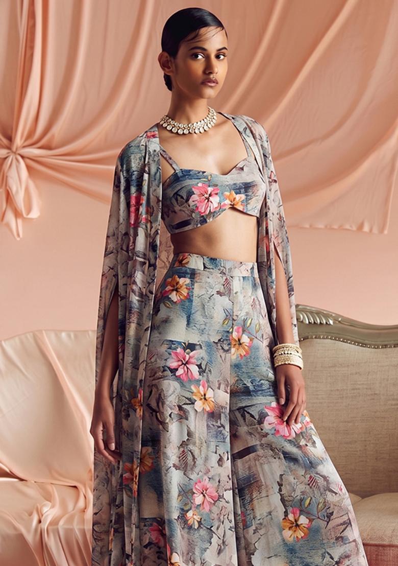 Grey Blue Printed Georgette Fusion Set - Indya