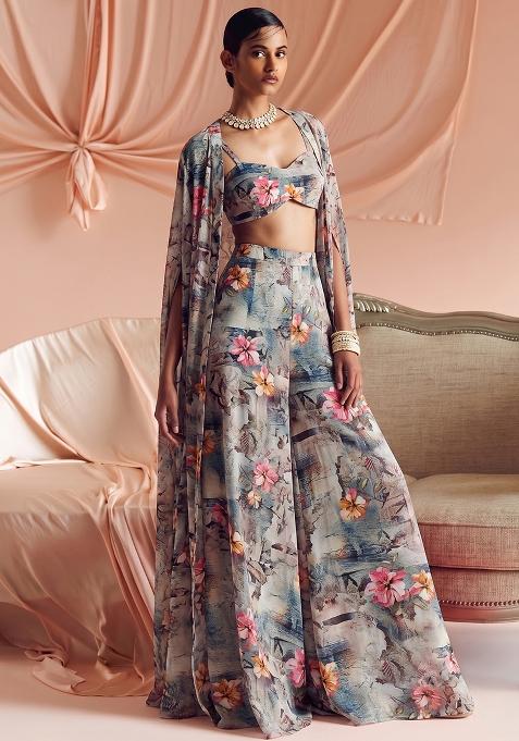 Grey Blue Printed Georgette Fusion Set