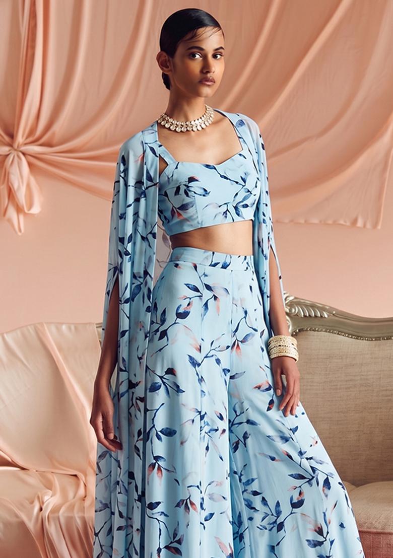 Sky Blue Printed Georgette Fusion Set - Indya