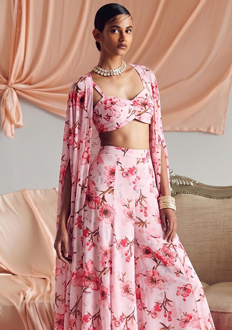 Blush Pink Printed Georgette Fusion Set - Indya