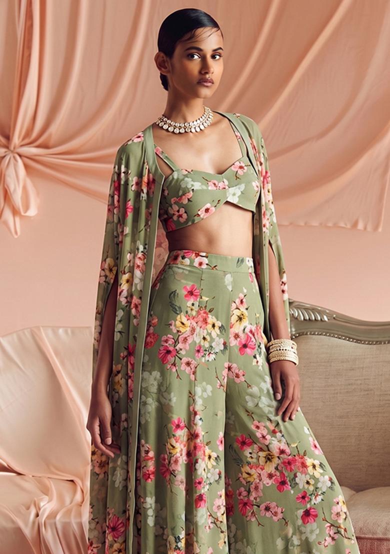 Olive Green Printed Georgette Fusion Set - Indya