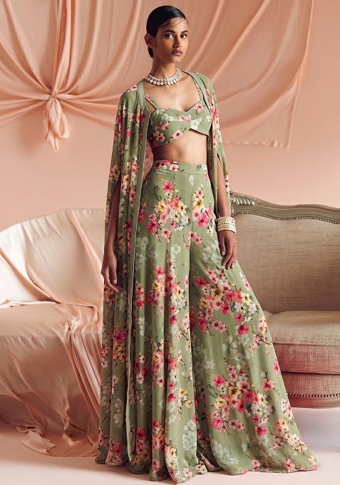 Olive Green Printed Georgette Fusion Set