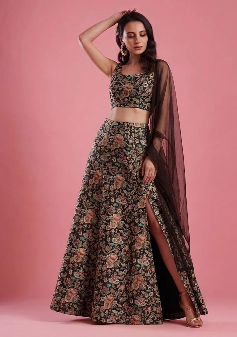 Black Jacquard Printed Silk Fusion Set - Indya