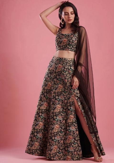 Black Jacquard Printed Silk Fusion Set