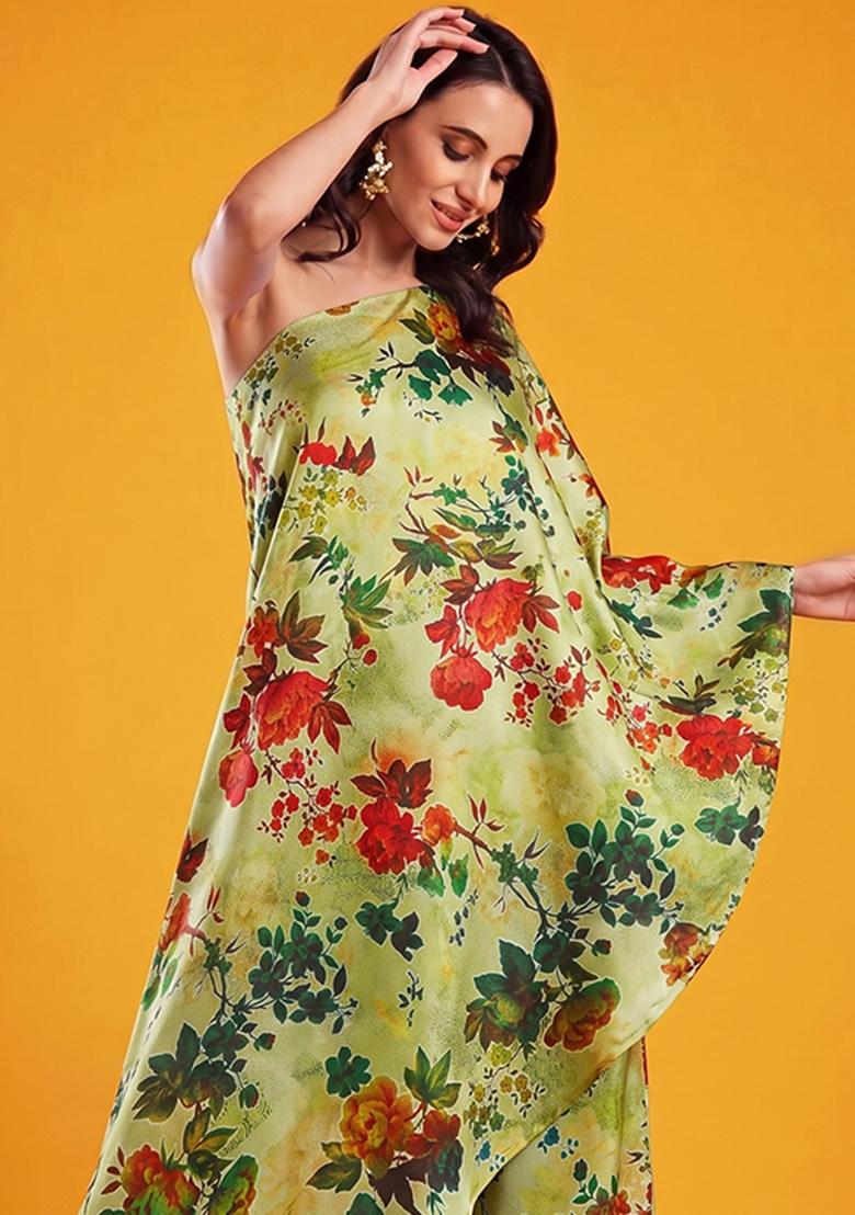 Olive Green Printed Silk Fusion Set - Indya