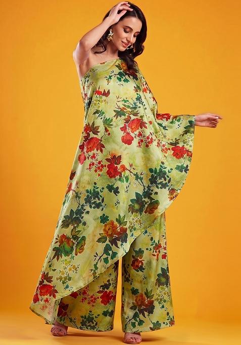 Olive Green Printed Silk Fusion Set