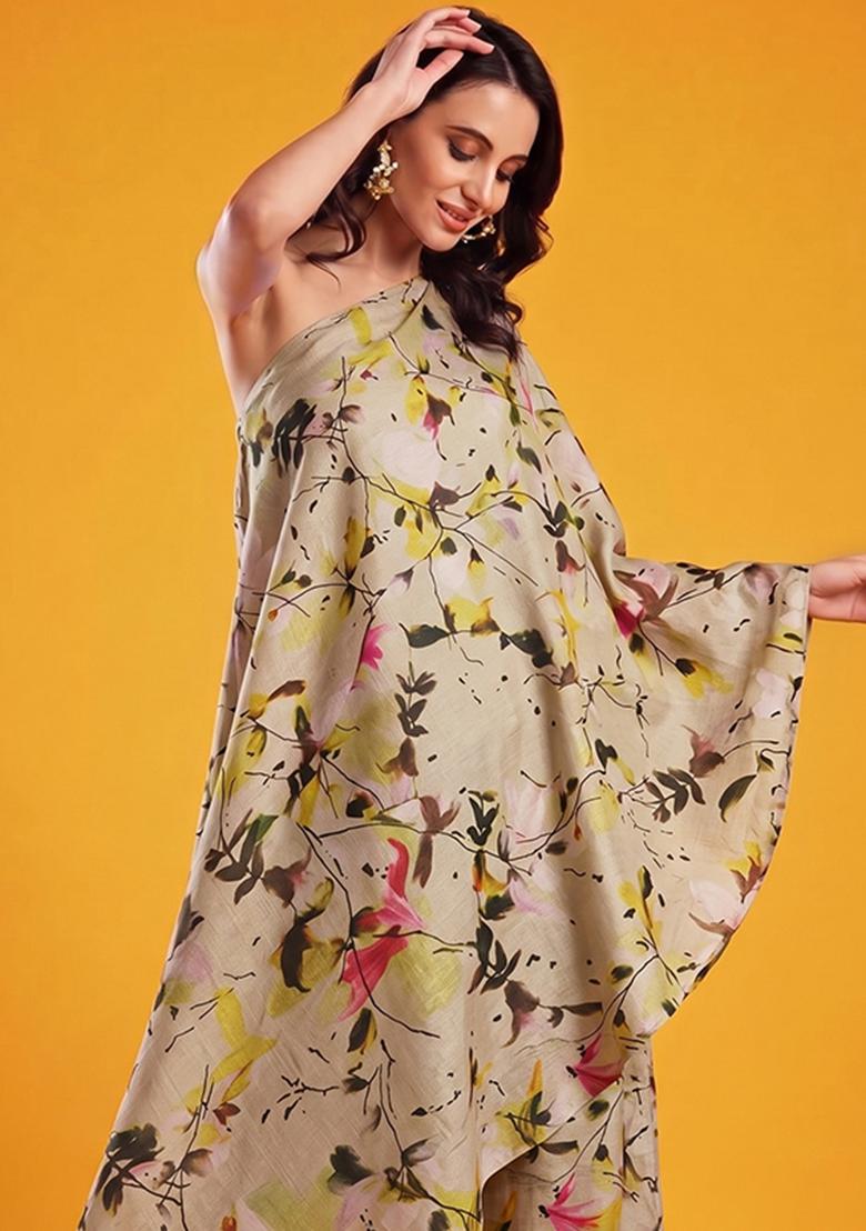 Beige Printed Silk Fusion Set - Indya