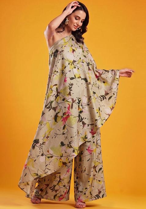 Beige Printed Silk Fusion Set