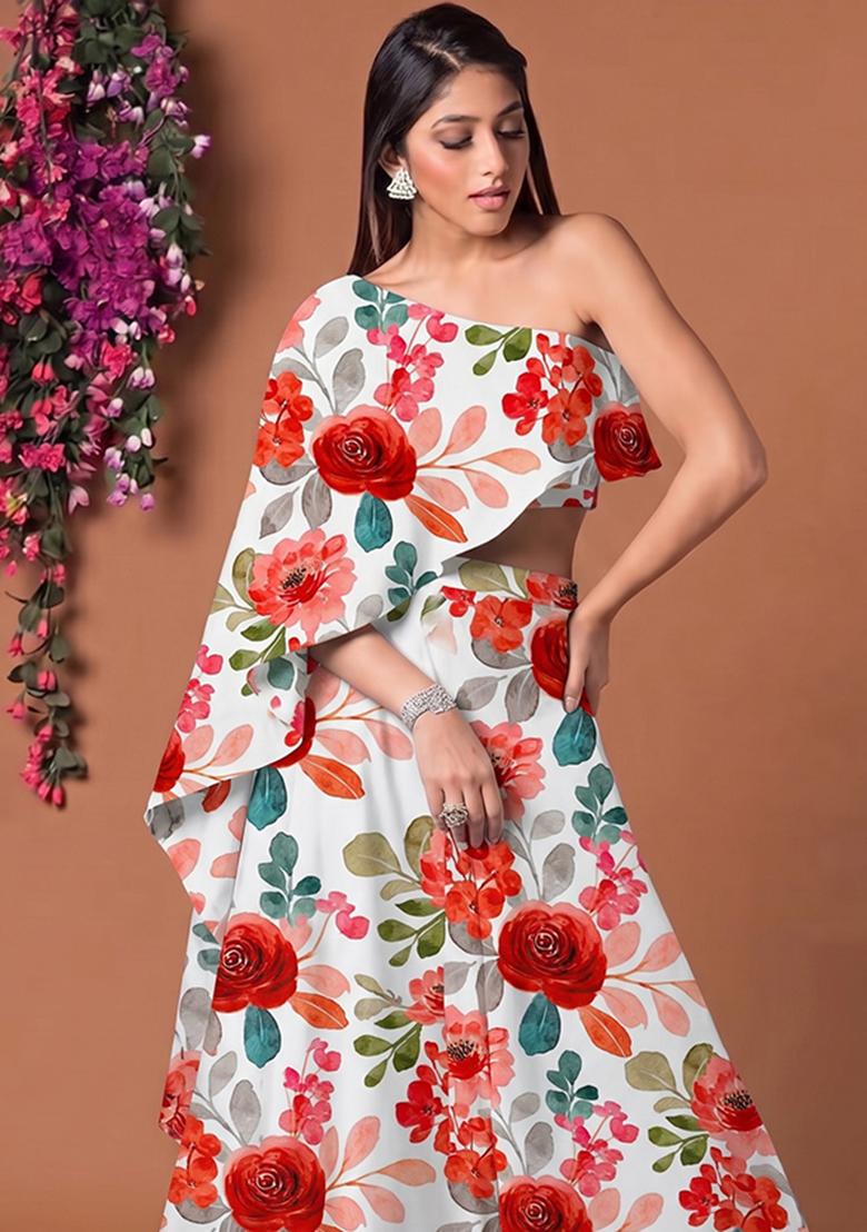 White Printed Satin Fusion Set - Indya