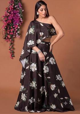 Dark Brown Printed Satin Fusion Set