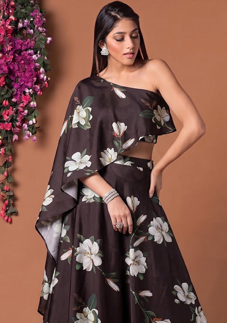 Dark Brown Printed Satin Fusion Set - Indya