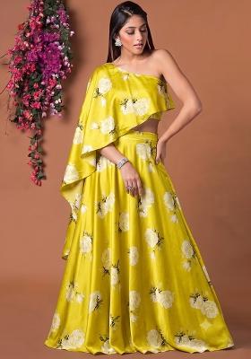 Mustard Printed Satin Fusion Set