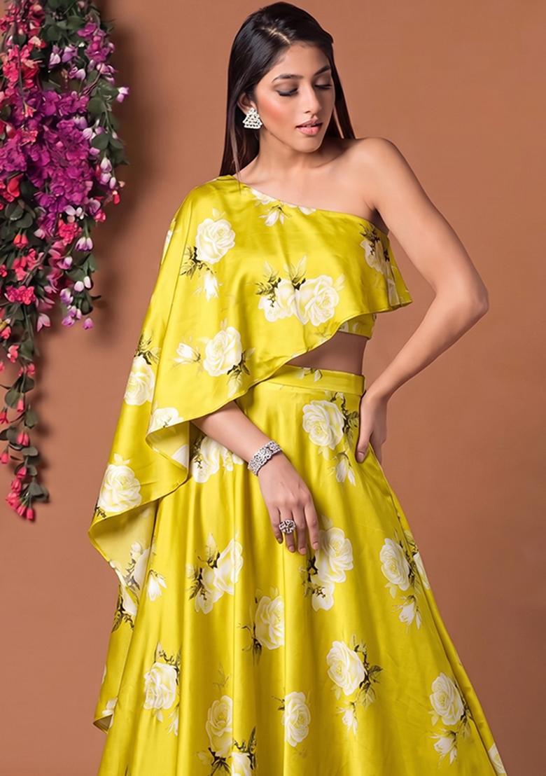 Mustard Printed Satin Fusion Set - Indya