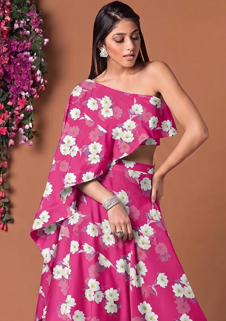 Rani Pink Printed Satin Fusion Set - Indya