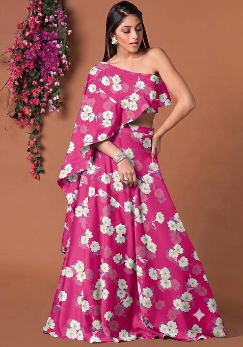 Rani Pink Printed Satin Fusion Set