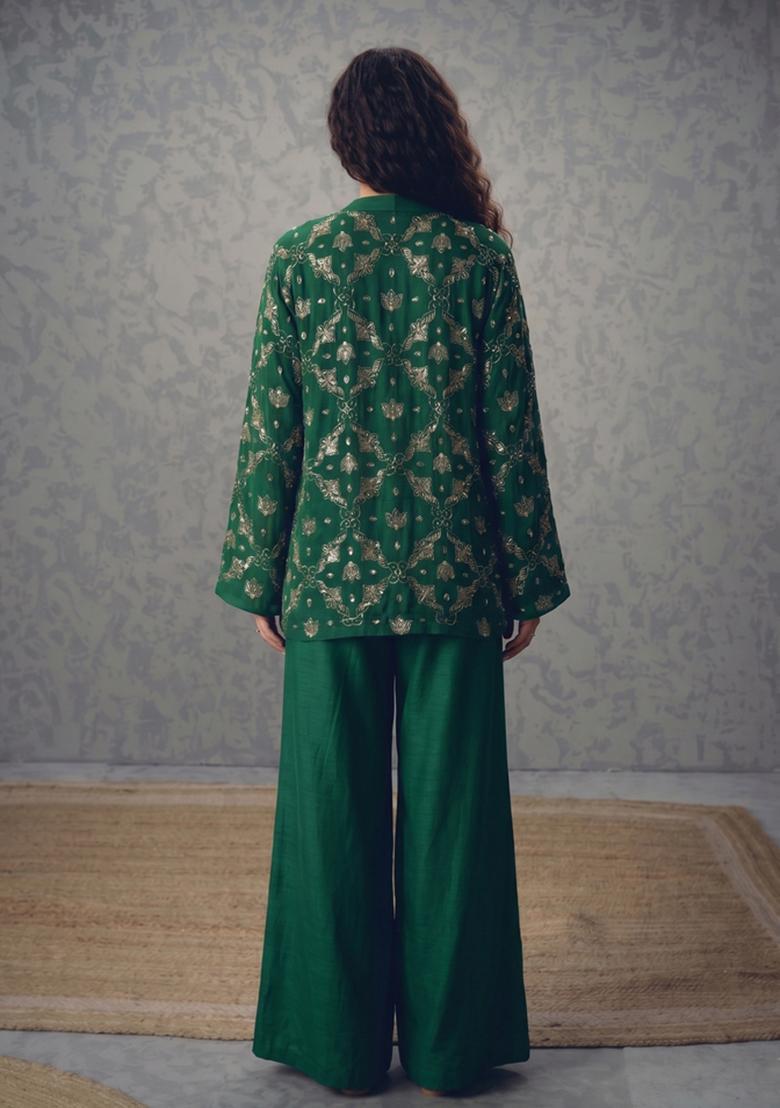 Emerald Green Sequin Georgette Fusion Set - Indya
