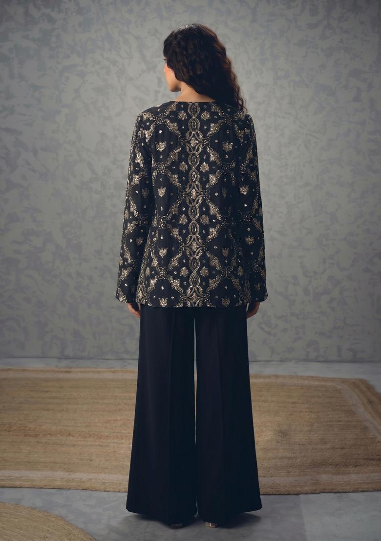 Black Embroidered Georgette Fusion Set - Indya