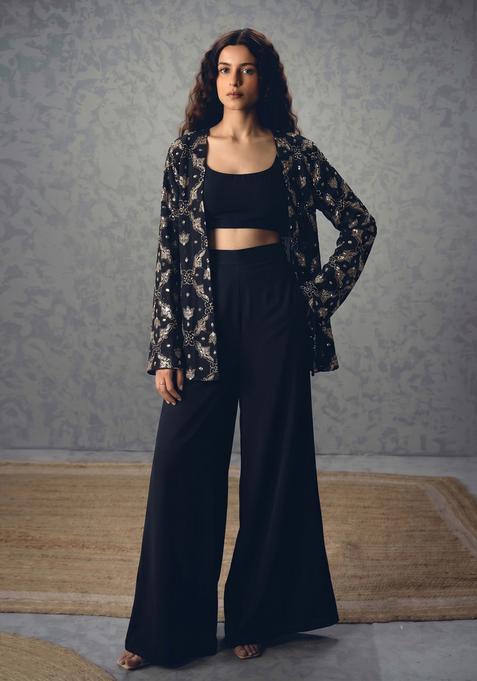 Black Embroidered Georgette Fusion Set
