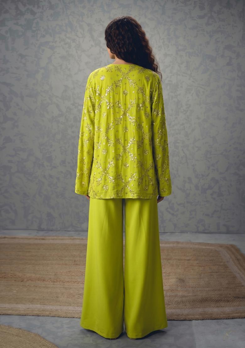Lime Green Sequin Georgette Fusion Set - Indya