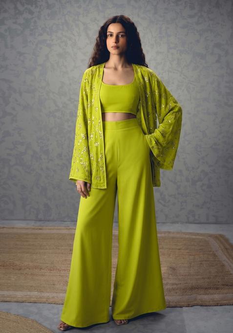 Lime Green Sequin Georgette Fusion Set