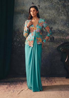 Aqua Embroidered Silk Fusion Set
