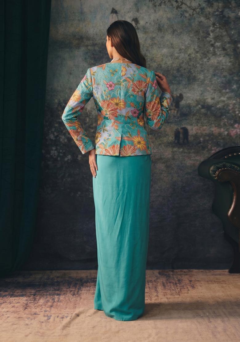 Aqua Embroidered Silk Fusion Set - Indya