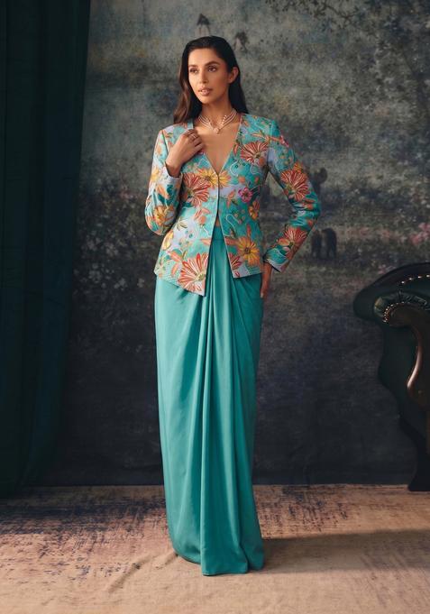 Aqua Embroidered Silk Fusion Set