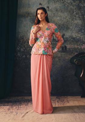 Peach Pink Embroidered Silk Fusion Set