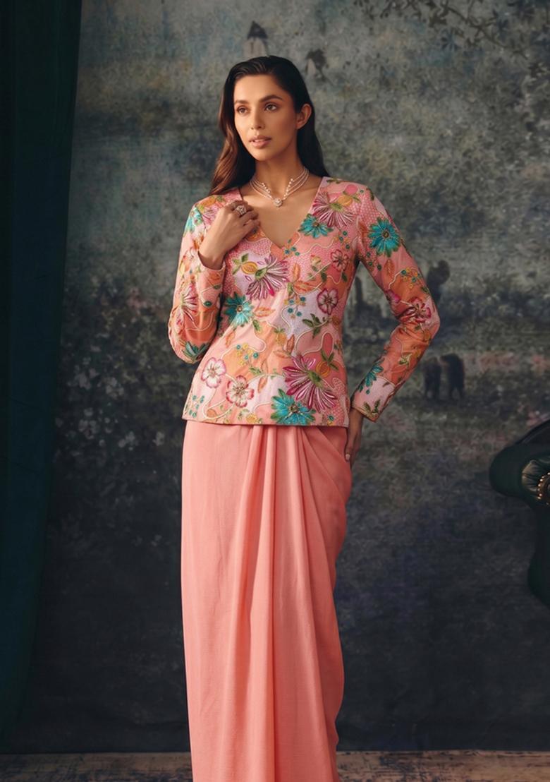 Peach Pink Embroidered Silk Fusion Set - Indya