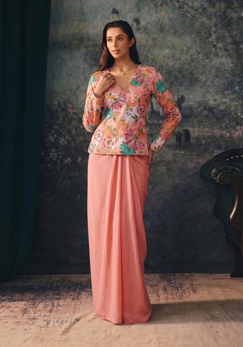 Peach Pink Embroidered Silk Fusion Set