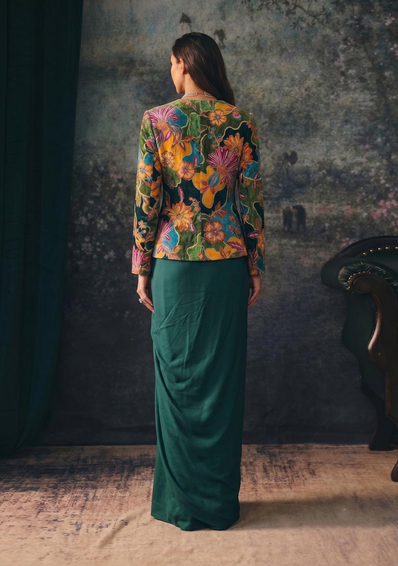 Bottle Green Embroidered Silk Fusion Set - Indya